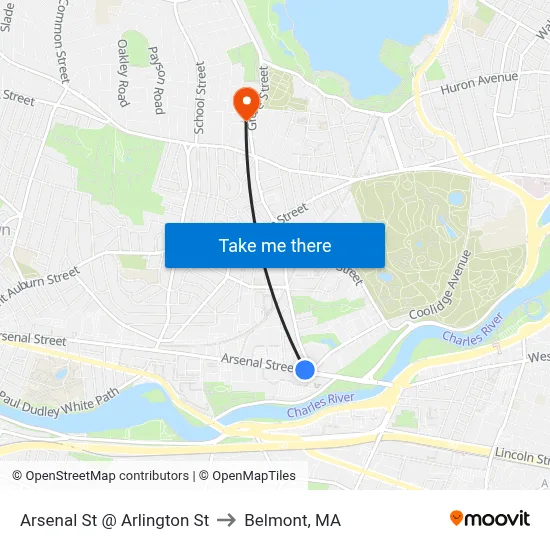 Arsenal St @ Arlington St to Belmont, MA map