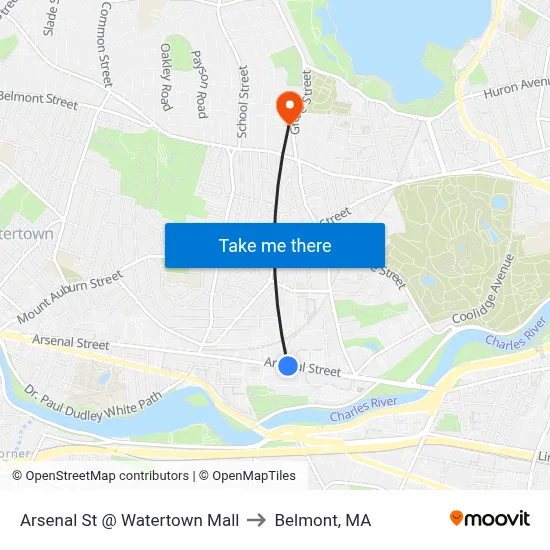 Arsenal St @ Watertown Mall to Belmont, MA map