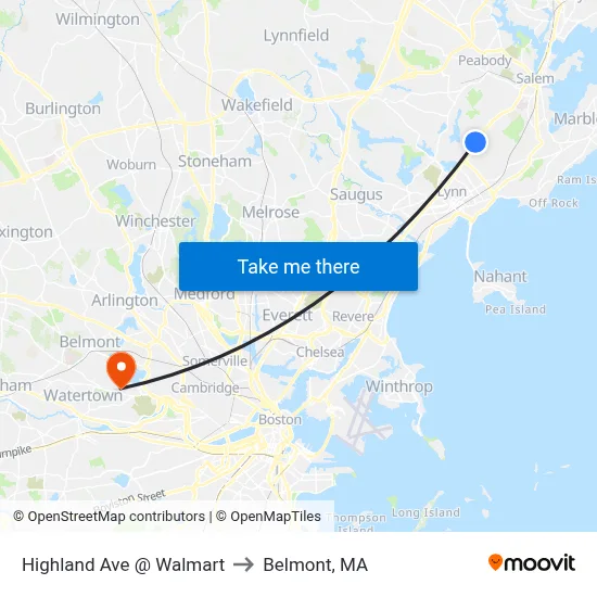 Highland Ave @ Walmart to Belmont, MA map