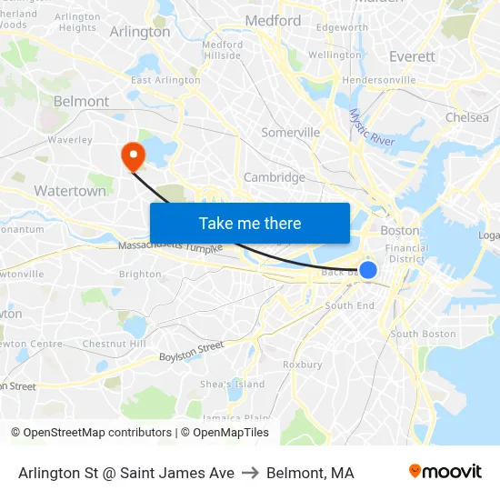 Arlington St @ Saint James Ave to Belmont, MA map