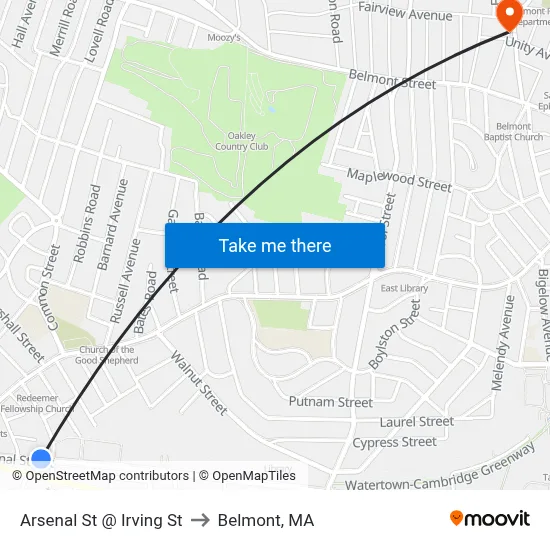Arsenal St @ Irving St to Belmont, MA map