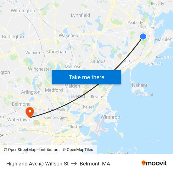 Highland Ave @ Willson St to Belmont, MA map
