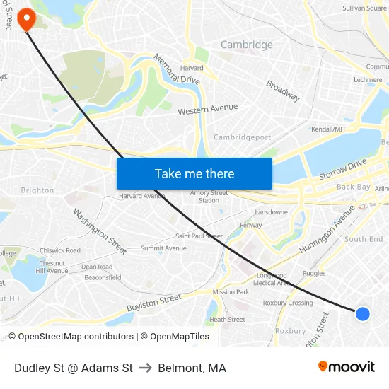 Dudley St @ Adams St to Belmont, MA map