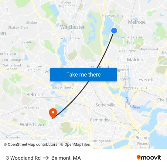 3 Woodland Rd to Belmont, MA map