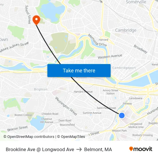 Brookline Ave @ Longwood Ave to Belmont, MA map