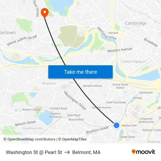 Washington St @ Pearl St to Belmont, MA map