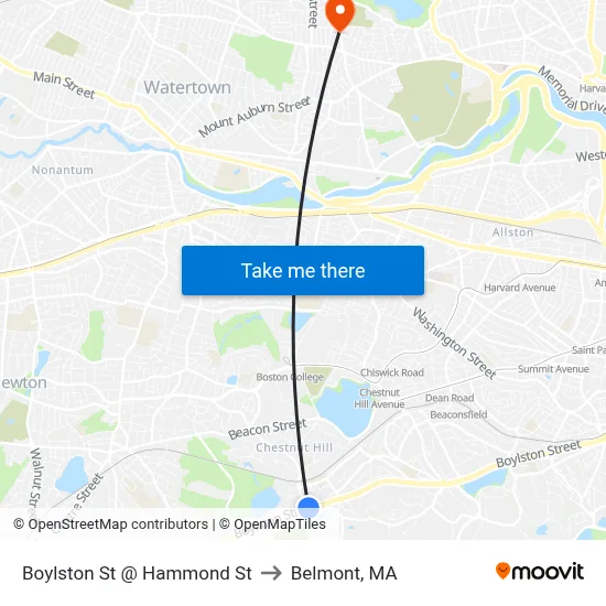 Boylston St @ Hammond St to Belmont, MA map