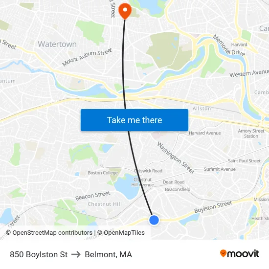 850 Boylston St to Belmont, MA map