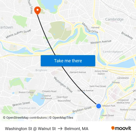 Washington St @ Walnut St to Belmont, MA map