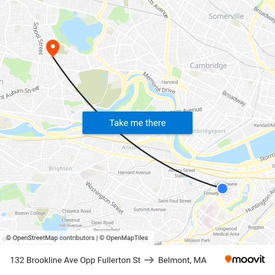 132 Brookline Ave Opp Fullerton St to Belmont, MA map