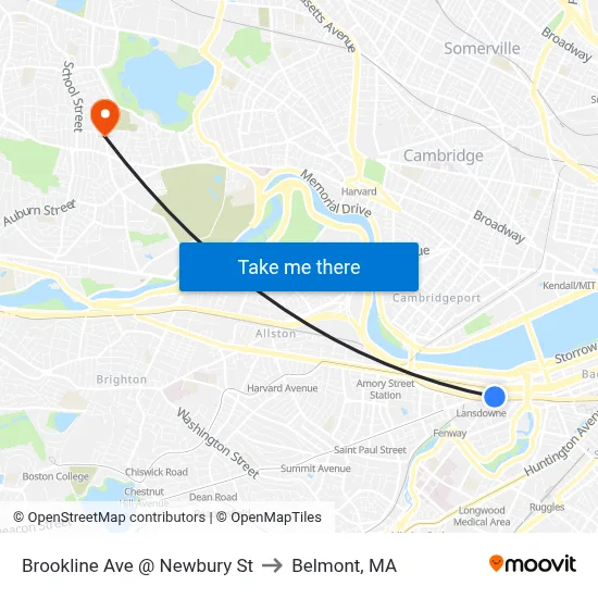 Brookline Ave @ Newbury St to Belmont, MA map