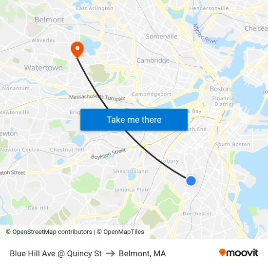 Blue Hill Ave @ Quincy St to Belmont, MA map
