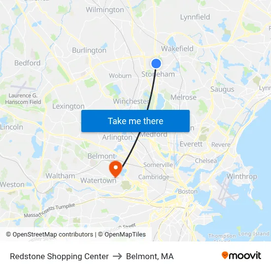 Redstone Shopping Center to Belmont, MA map