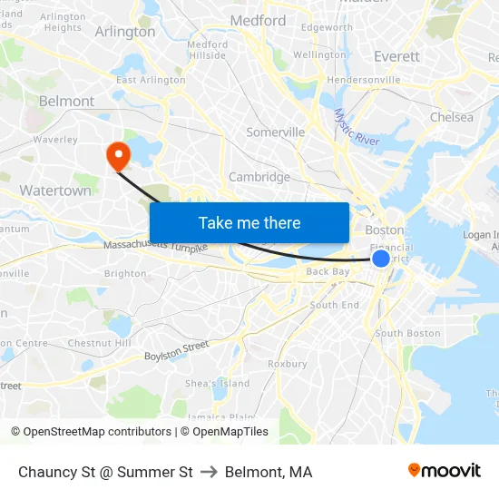 Chauncy St @ Summer St to Belmont, MA map