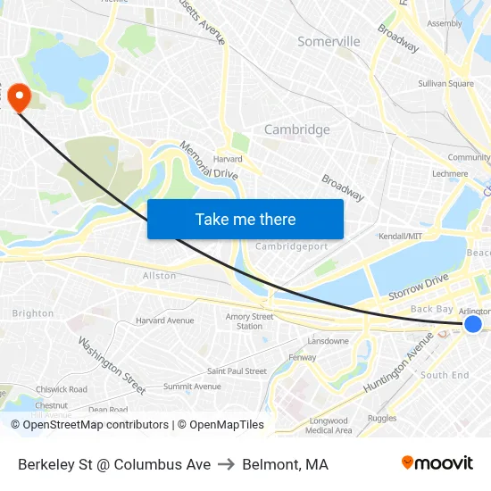 Berkeley St @ Columbus Ave to Belmont, MA map