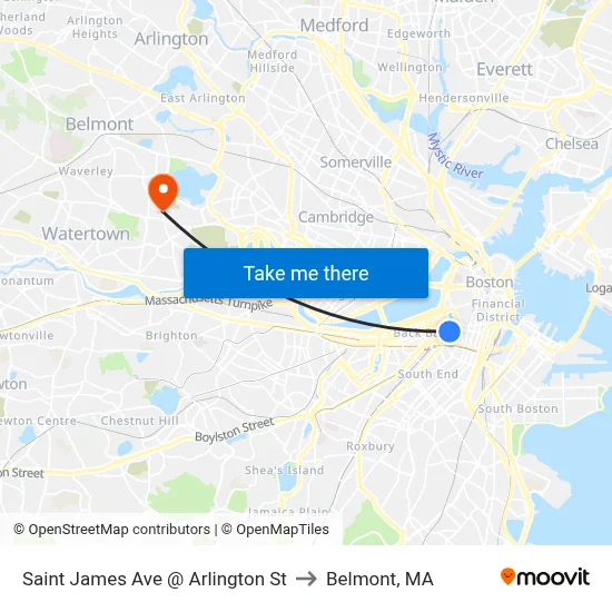 Saint James Ave @ Arlington St to Belmont, MA map