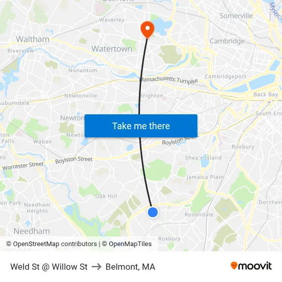 Weld St @ Willow St to Belmont, MA map