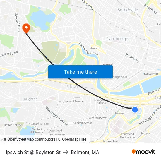 Ipswich St @ Boylston St to Belmont, MA map