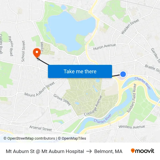 Mt Auburn St @ Mt Auburn Hospital to Belmont, MA map