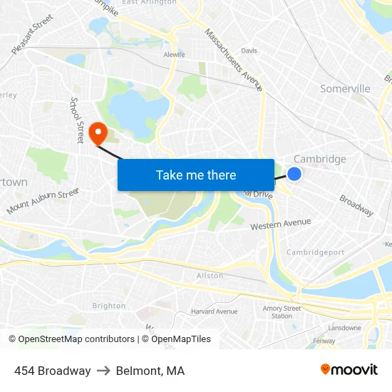 454 Broadway to Belmont, MA map