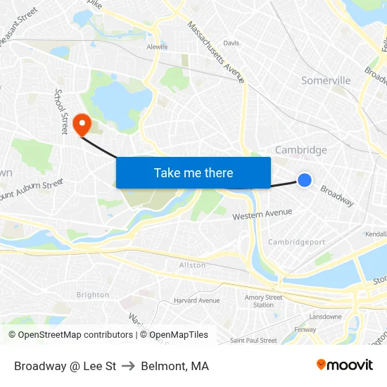 Broadway @ Lee St to Belmont, MA map