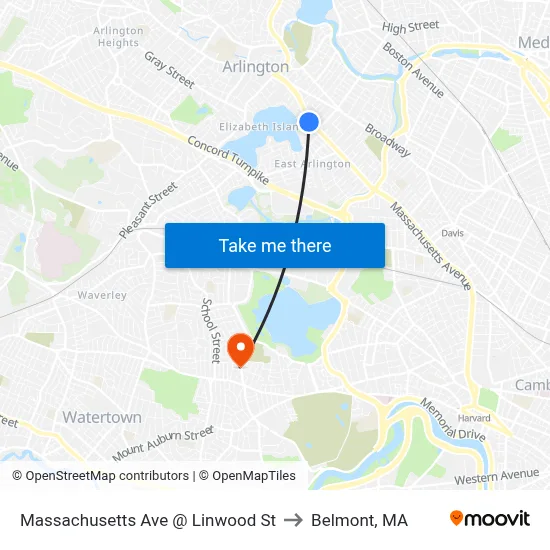 Massachusetts Ave @ Linwood St to Belmont, MA map