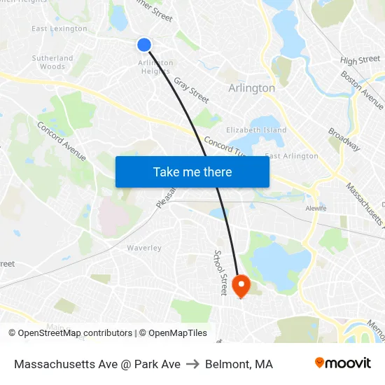 Massachusetts Ave @ Park Ave to Belmont, MA map