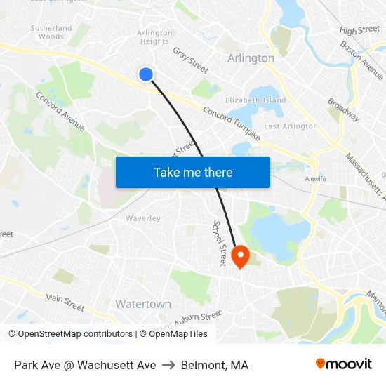 Park Ave @ Wachusett Ave to Belmont, MA map