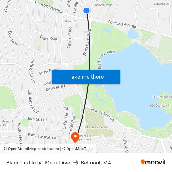 Blanchard Rd @ Merrill Ave to Belmont, MA map