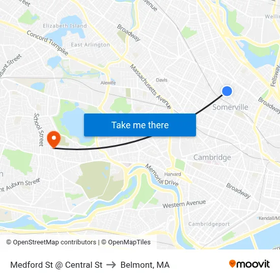 Medford St @ Central St to Belmont, MA map