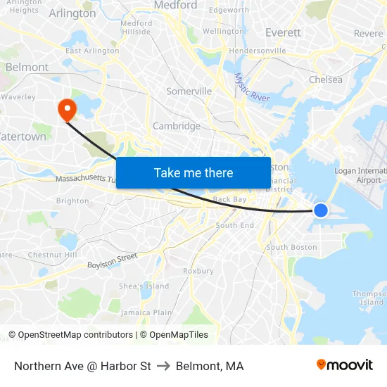 Northern Ave @ Harbor St to Belmont, MA map