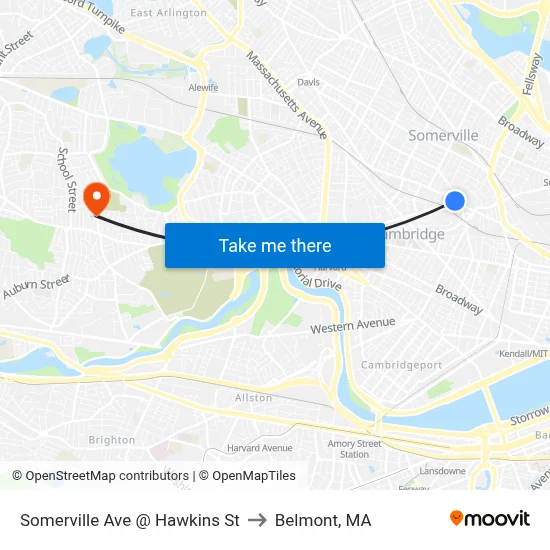 Somerville Ave @ Hawkins St to Belmont, MA map