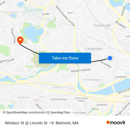 Windsor St @ Lincoln St to Belmont, MA map