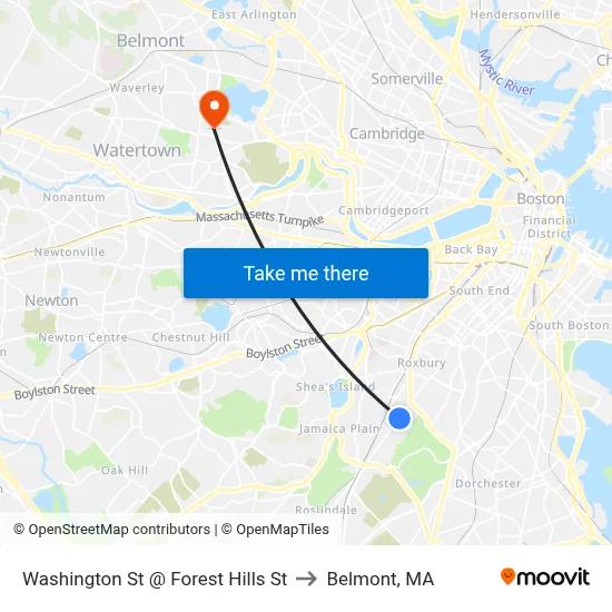 Washington St @ Forest Hills St to Belmont, MA map