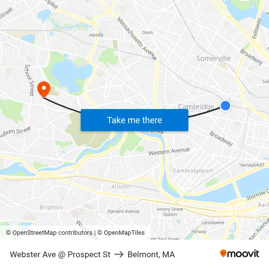 Webster Ave @ Prospect St to Belmont, MA map