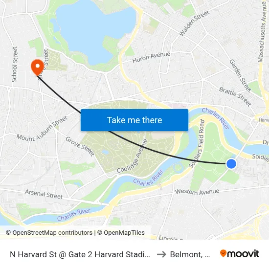 N Harvard St @ Gate 2 Harvard Stadium to Belmont, MA map