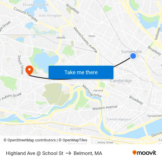 Highland Ave @ School St to Belmont, MA map