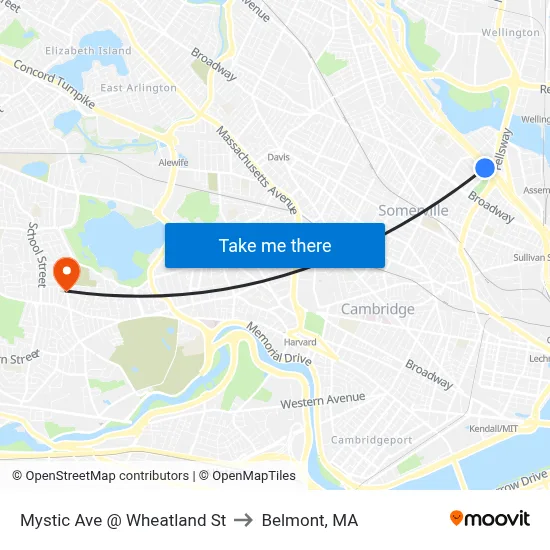 Mystic Ave @ Wheatland St to Belmont, MA map