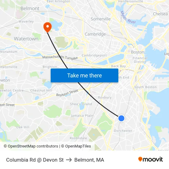Columbia Rd @ Devon St to Belmont, MA map