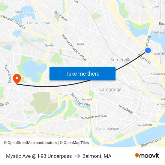 Mystic Ave @ I-93 Underpass to Belmont, MA map