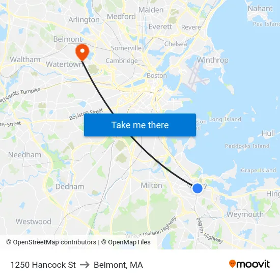 1250 Hancock St to Belmont, MA map