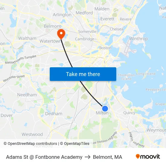 Adams St @ Fontbonne Academy to Belmont, MA map