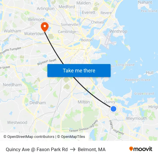Quincy Ave @ Faxon Park Rd to Belmont, MA map