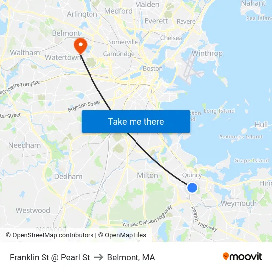 Franklin St @ Pearl St to Belmont, MA map
