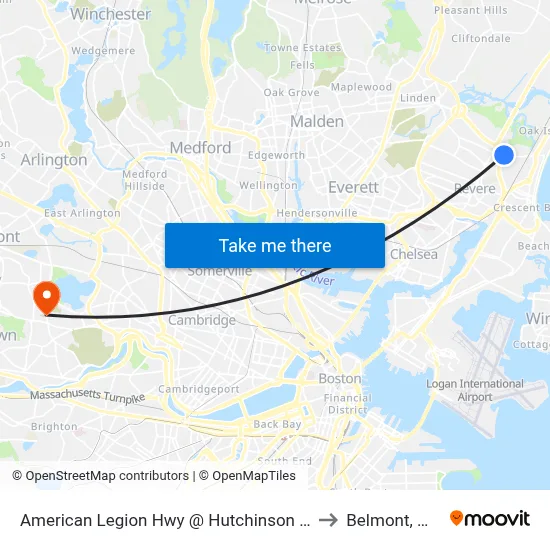 American Legion Hwy @ Hutchinson St to Belmont, MA map
