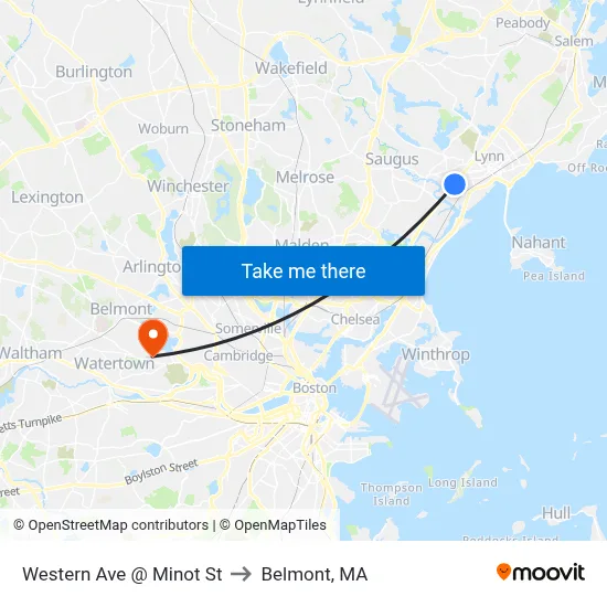 Western Ave @ Minot St to Belmont, MA map