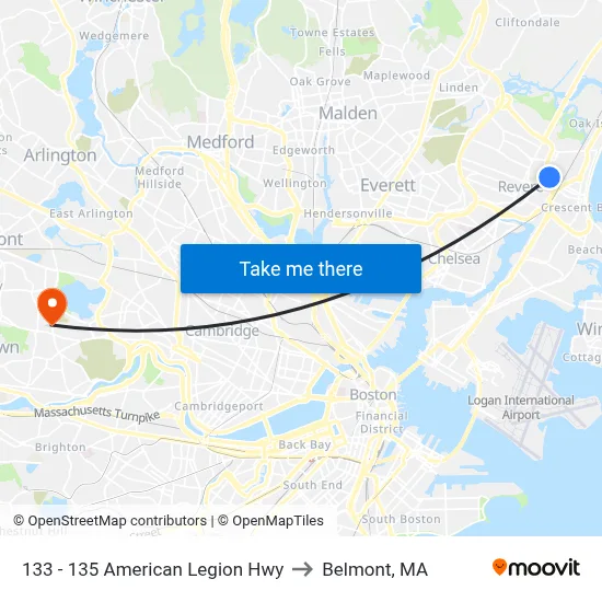 133 - 135 American Legion Hwy to Belmont, MA map