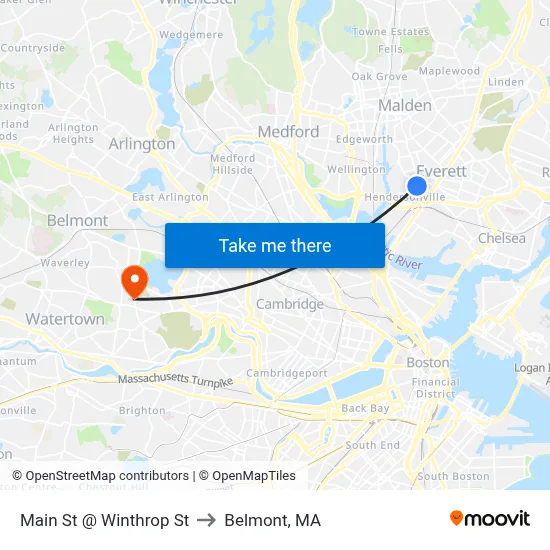 Main St @ Winthrop St to Belmont, MA map