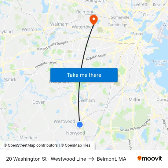 20 Washington St - Westwood Line to Belmont, MA map