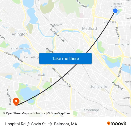 Hospital Rd @ Savin St to Belmont, MA map